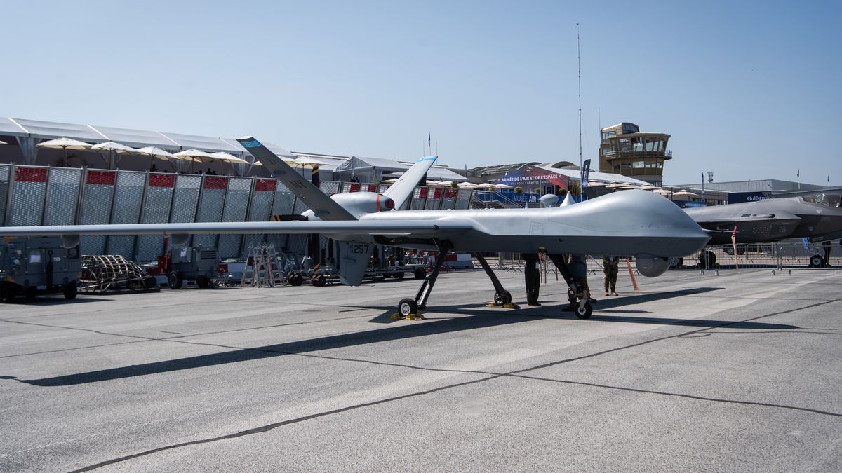 A General Atomics Reaper drone, operated by the US Air Force, at the Paris Air Show in Paris, France, on Monday, June 16, 2025. The 55th Paris Air Show runs 16-20 June at Le Bourget airport. Photographer: Matthieu Rondel/Bloomberg via Getty Images