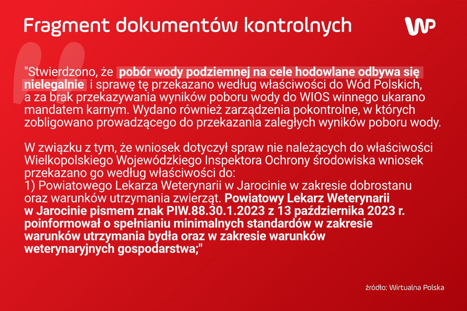 Fragment informacji z dokumentów pokontrolnych dotyczący poboru wody na fermie Wojciecha Biernackiego