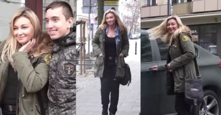 Wojciechowska pozuje do zdjęć przed studio "Dzień Dobry TVN"