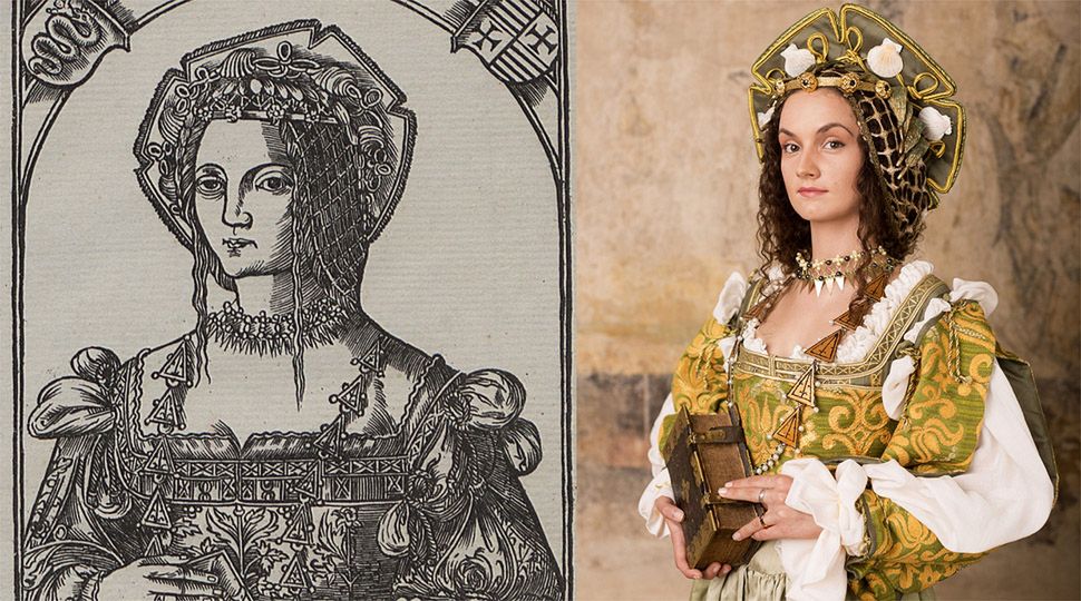 Drzeworyt z 1521 r., na którym Bona Sforza nie ma jeszcze trzydziestu lat i współczesna rekonstrukcja wyglądu królowej