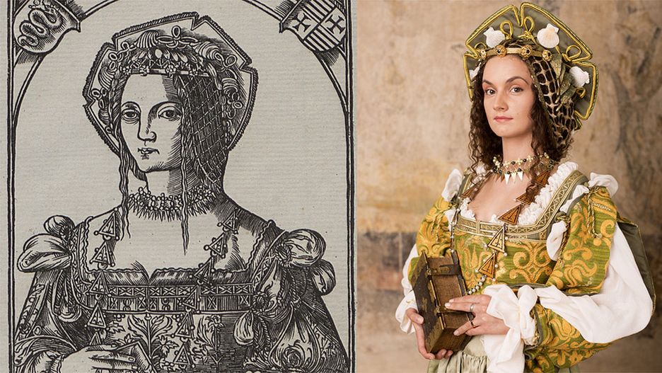 Drzeworyt z 1521 r., na którym Bona Sforza nie ma jeszcze trzydziestu lat i współczesna rekonstrukcja wyglądu królowej