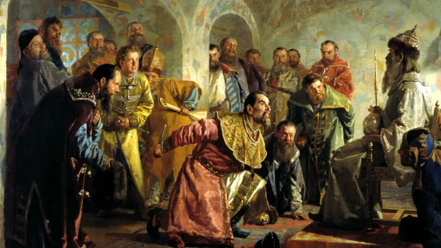 "Opricznicy" - obraz Mikołaja Newrewa z lat 70. XIX w. W centrum klęczący Iwan Groźny drwi z przywódcy bojarów Iwana Fiodorowa posadzonego na tronie w carskim stroju. Za chwilę go zamorduje.