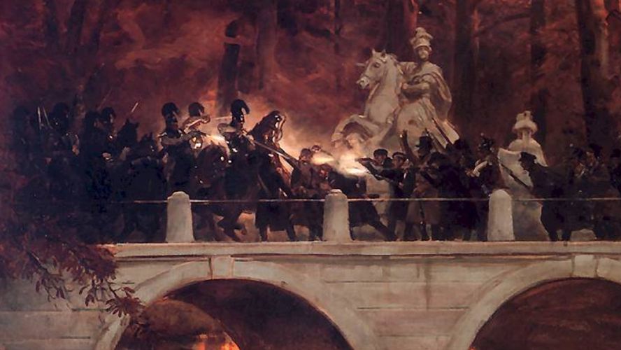 Obraz Wojciecha Kossaka "Starcie belwederczyków z kirasjerami rosyjskimi na moście w Łazienkach"