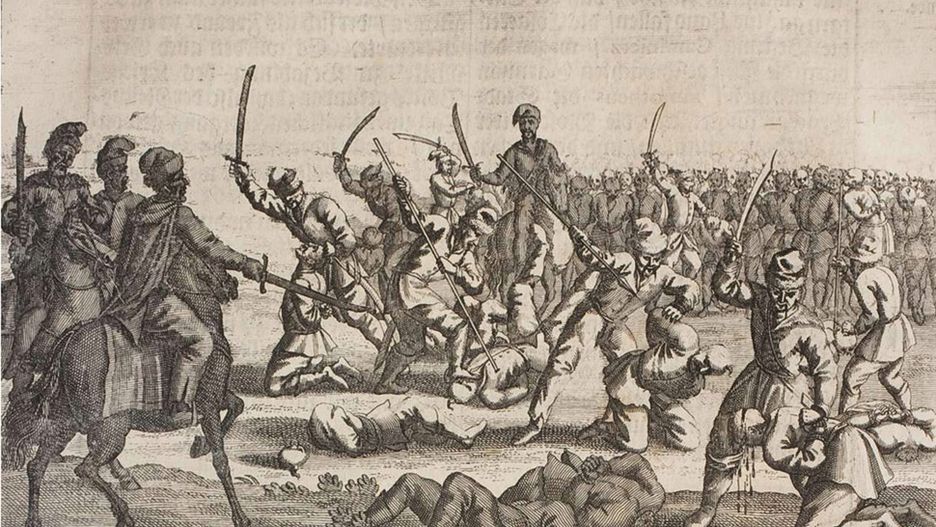 Grafika przedstawiająca rzeź polskich jeńców pod Batohem w 1652 r.