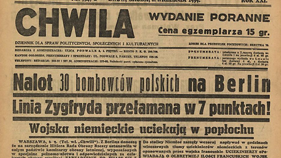 Pierwsza strona lwowskiego dziennika "Chwila" z 6 września 1939 r.