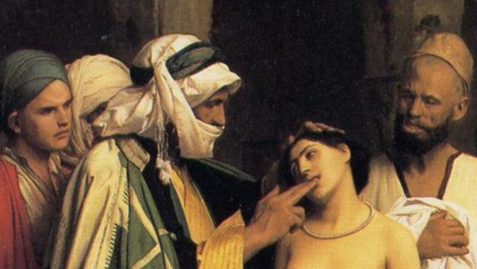 Fragment obrazu "Targ niewolników" Jean-Léona Gérôme''a z 1866 r., przedstawiający handel niewolnikami na Bliskim Wschodzie