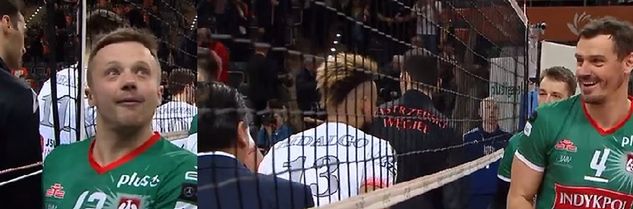 Reakcje Pawła Woickiego i Daniela Plińskiego podczas podziękowania z trenerem Ferdinando De Giorgim (screen: Polsat Sport)