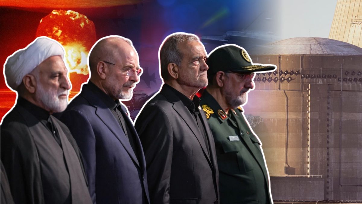 Szef irańskiego wymiaru sprawiedliwości Gholam-Hossein Mohseni-Eje'i (z lewej), przewodniczący irańskiego parlamentu Mohammad Bagher Ghalibaf (drugi od lewej), prezydent Iranu Masoud Pezeshkian (trzeci od lewej) oraz członek Rady Stanu Mohsen Rezaei 