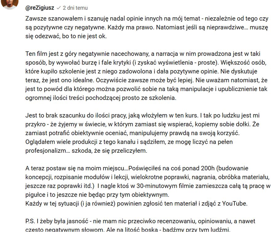 Rezi oburzony filmem o swoim kursie