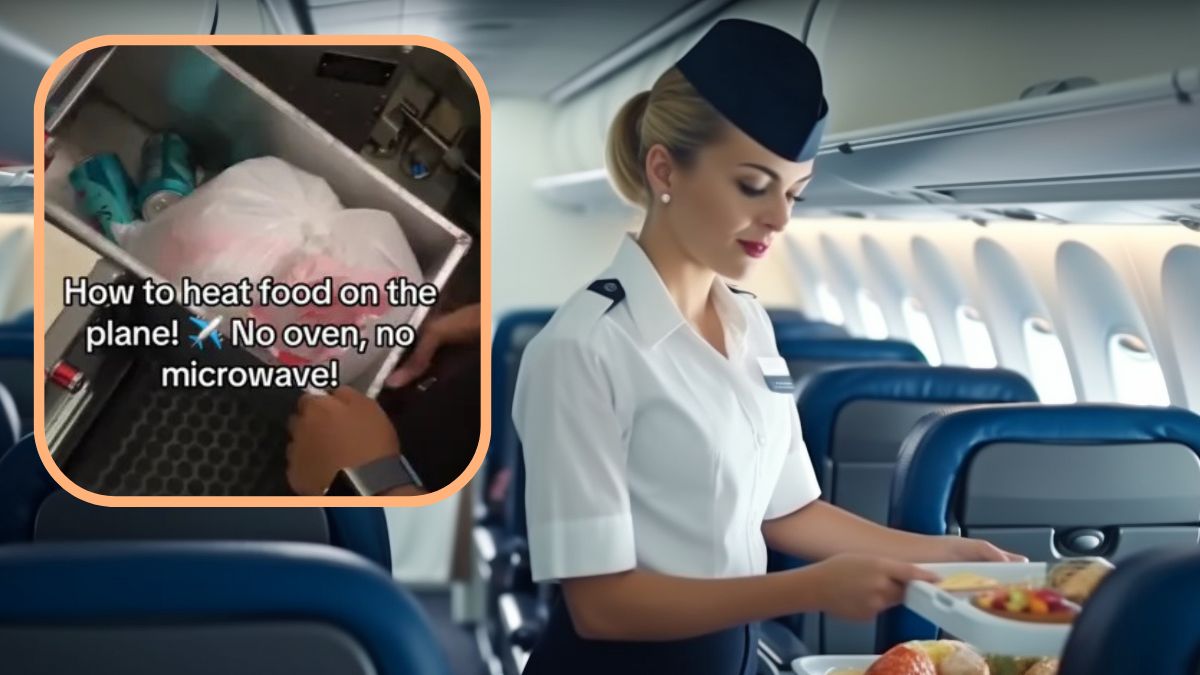 Stewardesa pokazała, jak podgrzewa jedzenie w samolocie.