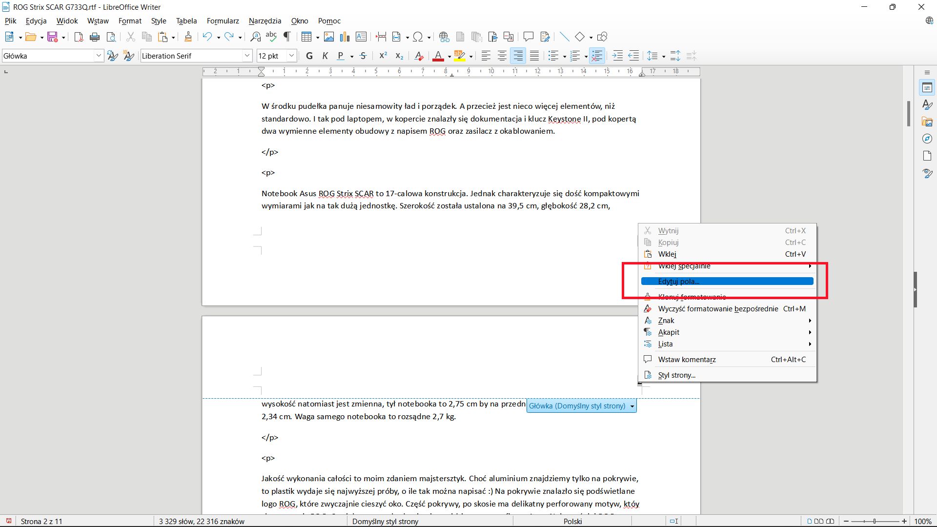 LibreOffice Writer: edycja pola z numerem strony