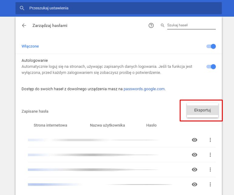 Opcja eksportowania haseł pojawia się w menu Zarządzanie hasłami wśród ustawień przeglądarki.