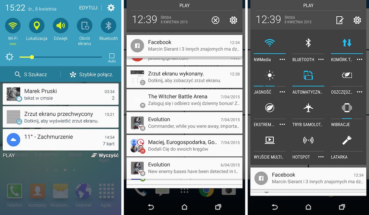 Galaxy S6 (TouchWiz) i One M9 (Sense) - panel powiadomień