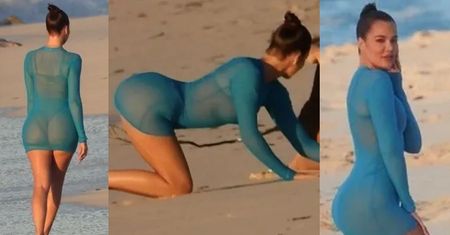 "Zapracowana" Khloe Kardashian walczy o idealne ujęcie, wypinając pośladki na plaży (ZDJĘCIA)