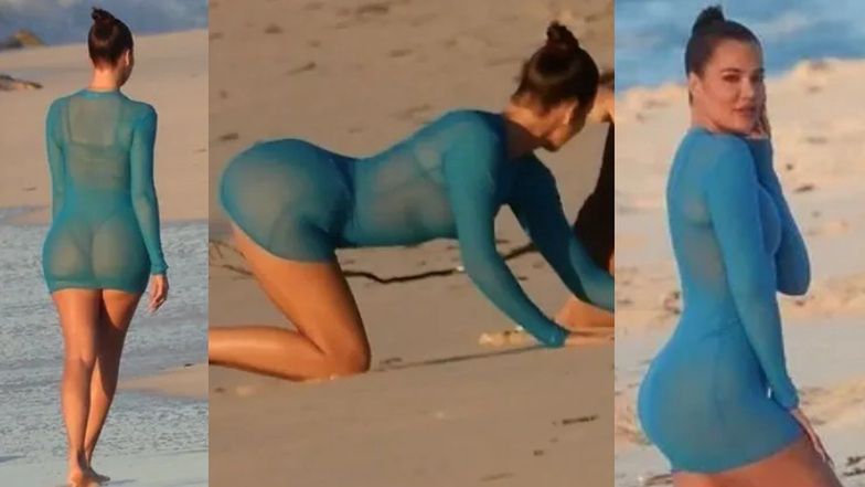 "Zapracowana" Khloe Kardashian walczy o idealne ujęcie, wypinając pośladki na plaży (ZDJĘCIA)