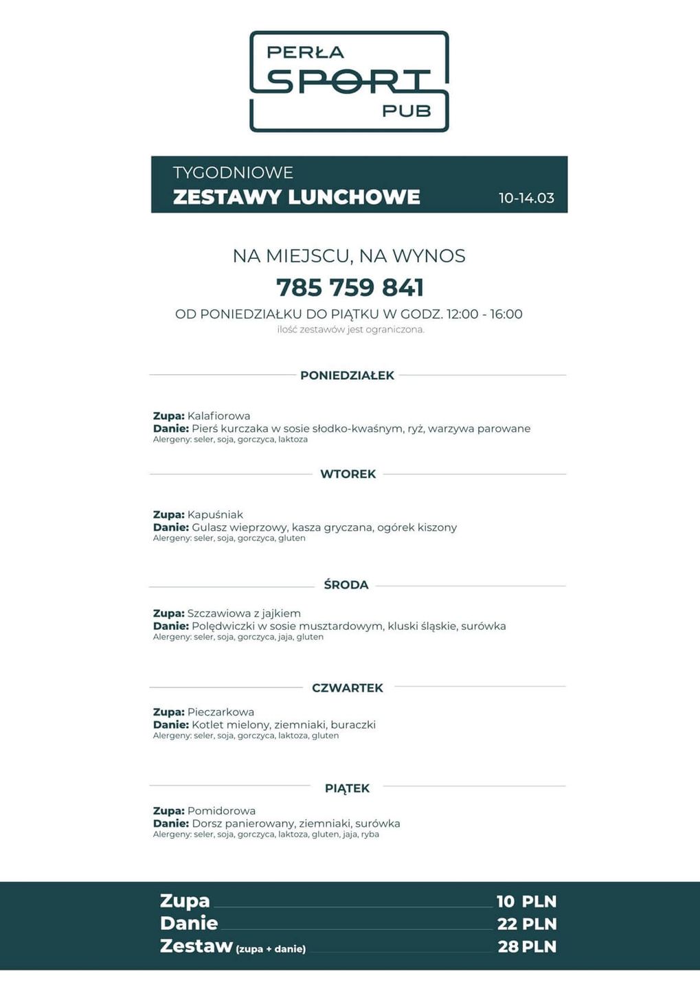 Perła Sport Pub lunch 10-14 marca 2025 r.