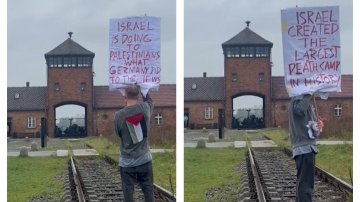 Igor Dobrowolski przed obozem Auschwitz.