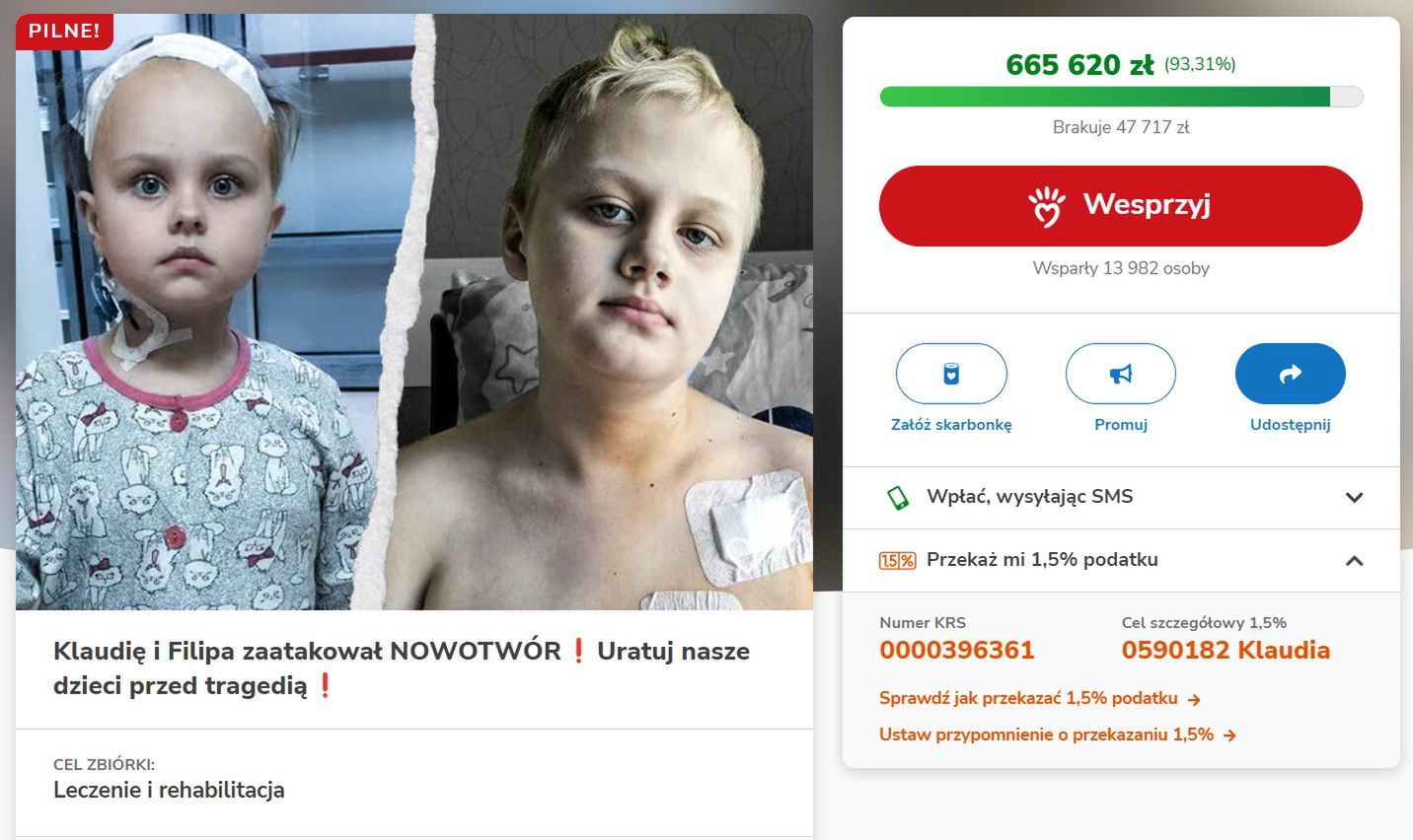 Zbiórka na leczenie Klaudii i Filipa Kozłowskich. Źródło: siepomaga.pl