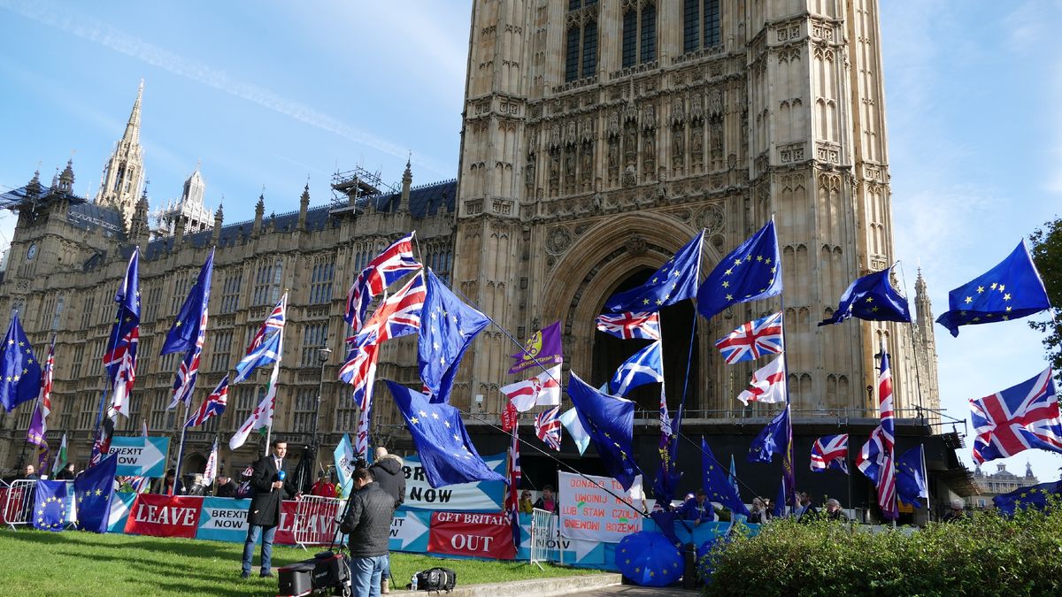 A photograph of EU (European Union) and UK flags flying outside the British parliament in protest against Brexit. Britain left the EU in 2020. (Photo by: Universal History Archive/Universal Images Group via Getty Images)
