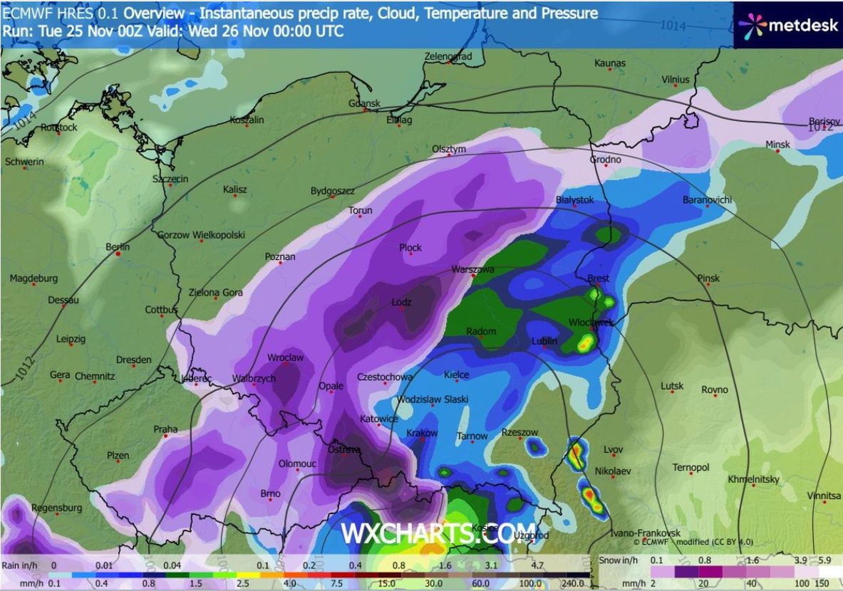 Opady śniegu o północy - z wtorku na środę