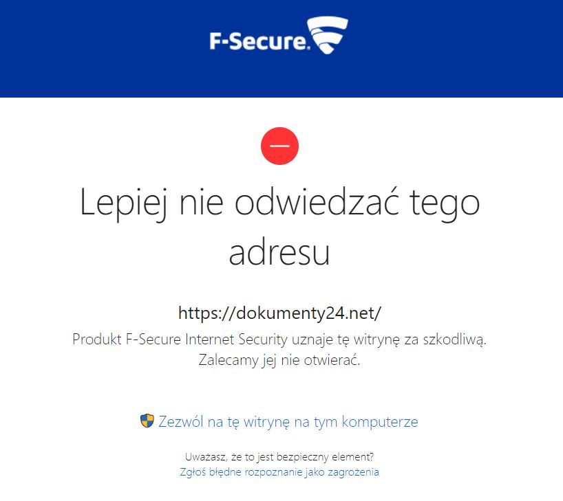 Ostrzeżenie przed wizytą na spreparowanej stronie