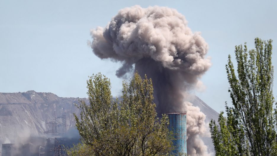 A view shows an explosion at a plant of Azovstal Iron and Steel Works during Ukraine-Russia conflict in the southern port city of Mariupol, Ukraine May 8, 2022.