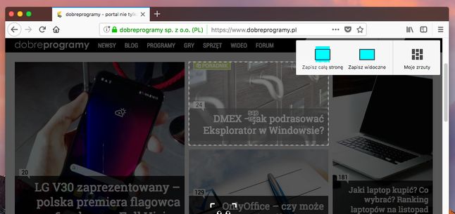 Firefox przechowuje zrzuty (fragmenty wydzielone przez CSS Grid, cała strona, widoczny fragment strony lub dowolny prostokątny fragment strony) w schowku online.