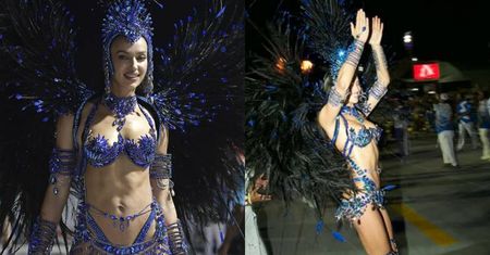 Irina Shayk wystrojona w pióra i koraliki prezentuje imponujące mięśnie brzucha na paradzie w Rio De Janeiro