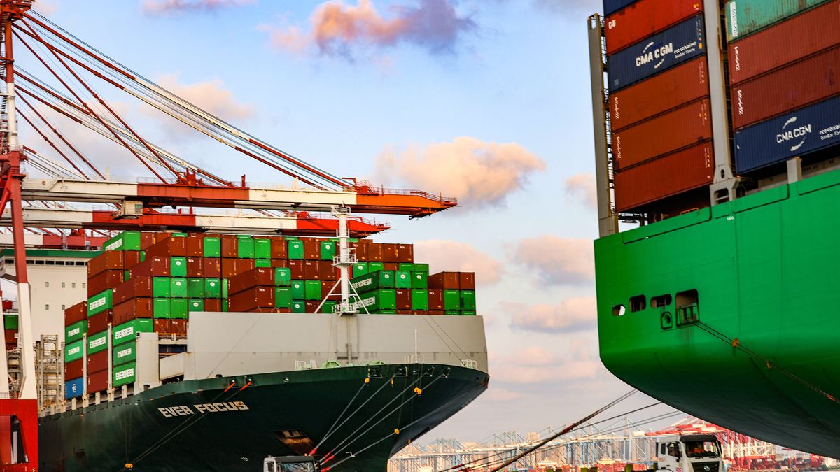 Qingdao Port Qianwan Container TerminalA large container ship conducts container operations at a berth at the Qianwan Container Terminal of Qingdao Port in Qingdao, China, on November 8, 2024. (Photo by Costfoto/NurPhoto via Getty Images)NurPhotoshipping industry, maritime, trade, maritime industry, berth, global commerce, november 8, infrastructure, vessel, terminal, port operations, cargo handling, export, nurphoto, container operations, trade hub., logistics, costfoto, qingdao port, qianwan container terminal, port facilities, dock, china, chn, import, cargo, port, sea freight