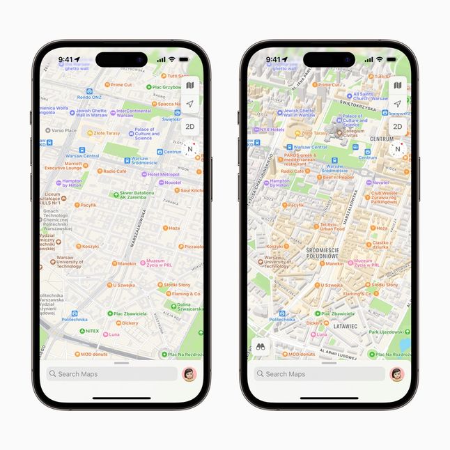 Po lewej stronie poprzednia wersja Map Apple, po prawej - najnowsza.