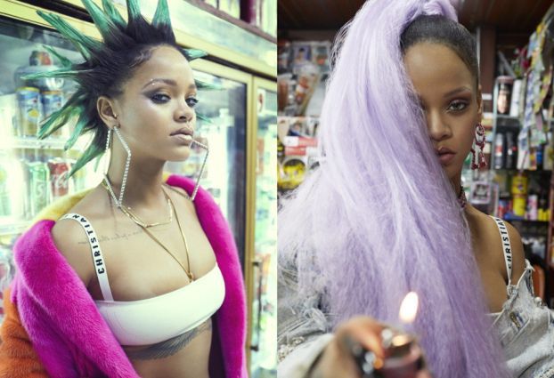 Rihanna z kolorowymi włosami pozuje w sklepie