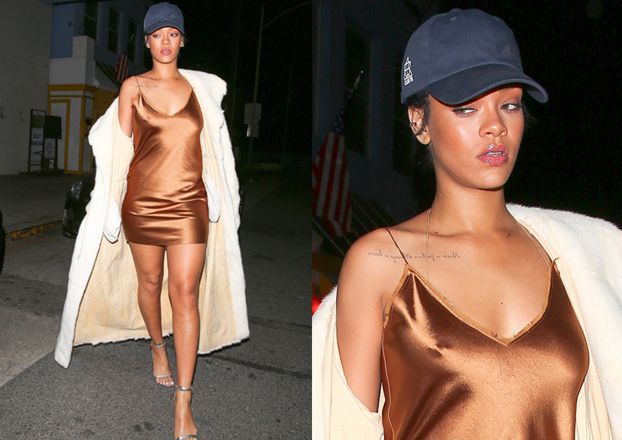 Rihanna w NOCNEJ KOSZULCE, futrze i czapce... (ZDJĘCIA)
