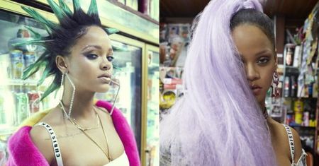 Rihanna z kolorowymi włosami pozuje w sklepie