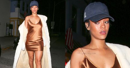 Rihanna w NOCNEJ KOSZULCE, futrze i czapce... (ZDJĘCIA)
