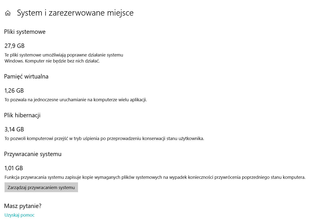 Informacje o miejscu zarezerwowanym na system w Windows 10 1903.