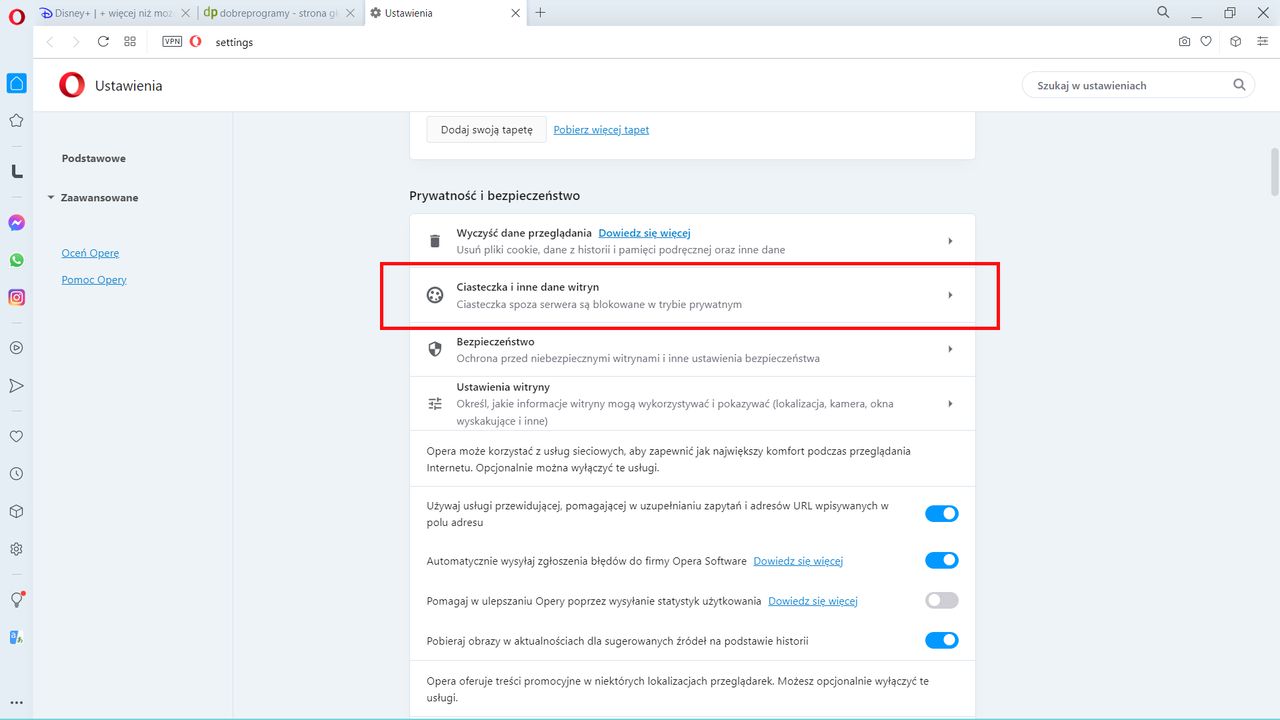 Opera: sekcja Prywatność i bezpieczeństwo