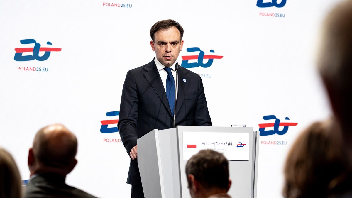 Andrzej Domanski, Poland's finance minster, speaks during the EU Ministers for Economic and Financial Affairs (ECOFIN) and Central Bank Governors informal meeting in Warsaw, Poland, on Friday, April 11, 2025. Europe's decision to ramp up defense spending after years of neglect is the right choice, according to European Union finance ministers. Photographer: Damian Lemanski/Bloomberg via Getty Images