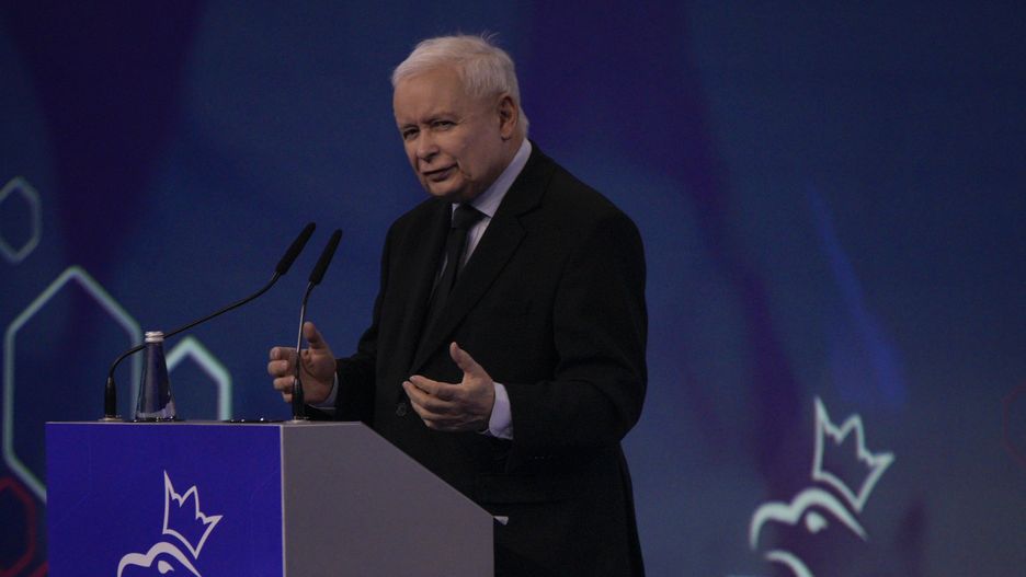Party leader and de facto government leader Jaroslaw Kaczynski is seen speaking at the Law and Justice convention on 13 May, 2023 in Warsaw, Poland. Kaczynski announced a significant increase in child benefits, toll-free roads and free medication for children and seniors if they win this fall's parliamentary elections. Businessleaders have criticized the idea after previous increases in benefits are said to have contributed to rampant inflation figures. (Photo by Jaap Arriens/NurPhoto via Getty Images)