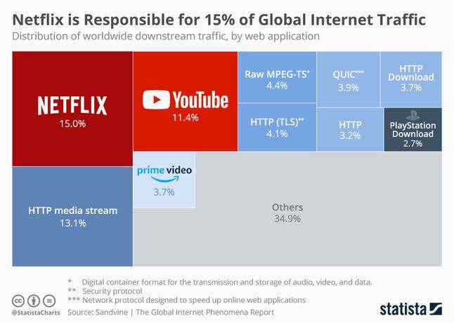 "Netflix is Responsible for 15% of Global Internet Traffic"https://www.statista.com/chart/15692/distribution-of-global-downstream-traffic/