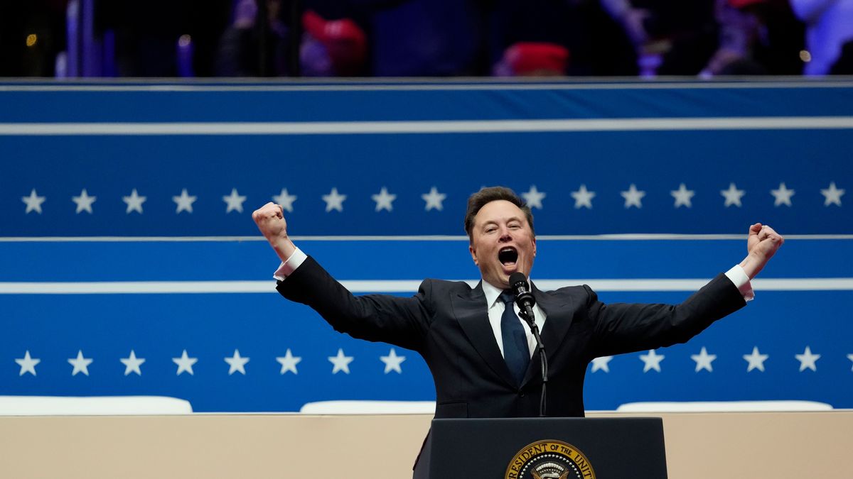 Elon Musk, chief executive officer of Tesla Inc., gesture while speaking during 60th presidential inauguration parade at Capital One Arena in Washington, DC, US, on Monday, Jan. 20, 2025. President Donald Trump launched his second term with a strident inaugural address that vowed to prioritize America's interests with a "golden age" for the country, while taking on "a radical and corrupt establishment." Photographer: Kent Nishimura/Bloomberg via Getty Images