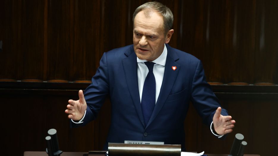 Leader of Civic Platform Donald Tusk delivers his programme speech as Prime Minister at Polish Parliament in Warsaw, Poland on December 12, 2023. (Photo by Jakub Porzycki/NurPhoto via Getty Images)