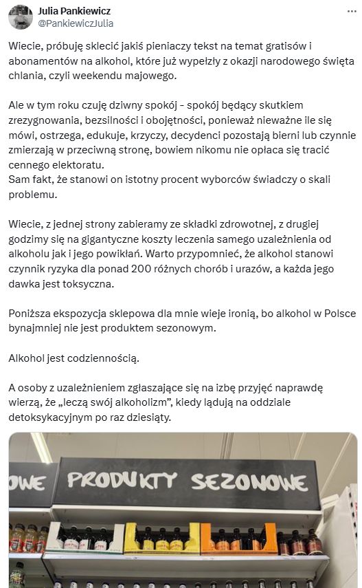 Wpis Julii Pankiewicz na temat promocji na alkohol
