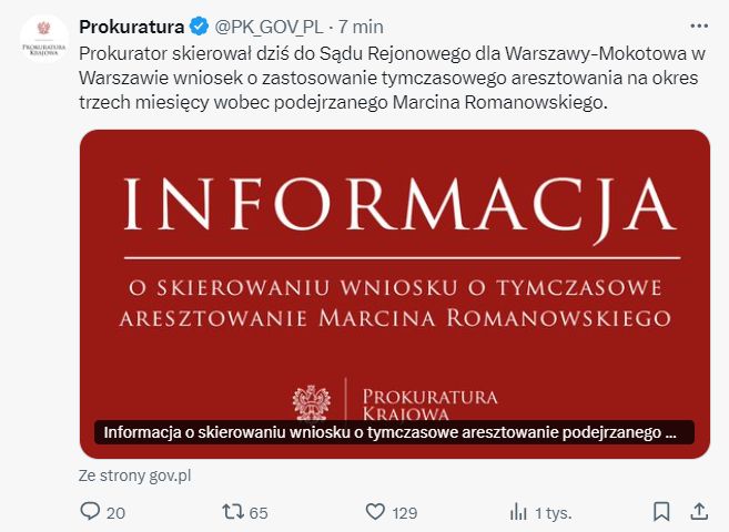 Wniosek o tymczasowy areszt dla posła Romanowskiego 