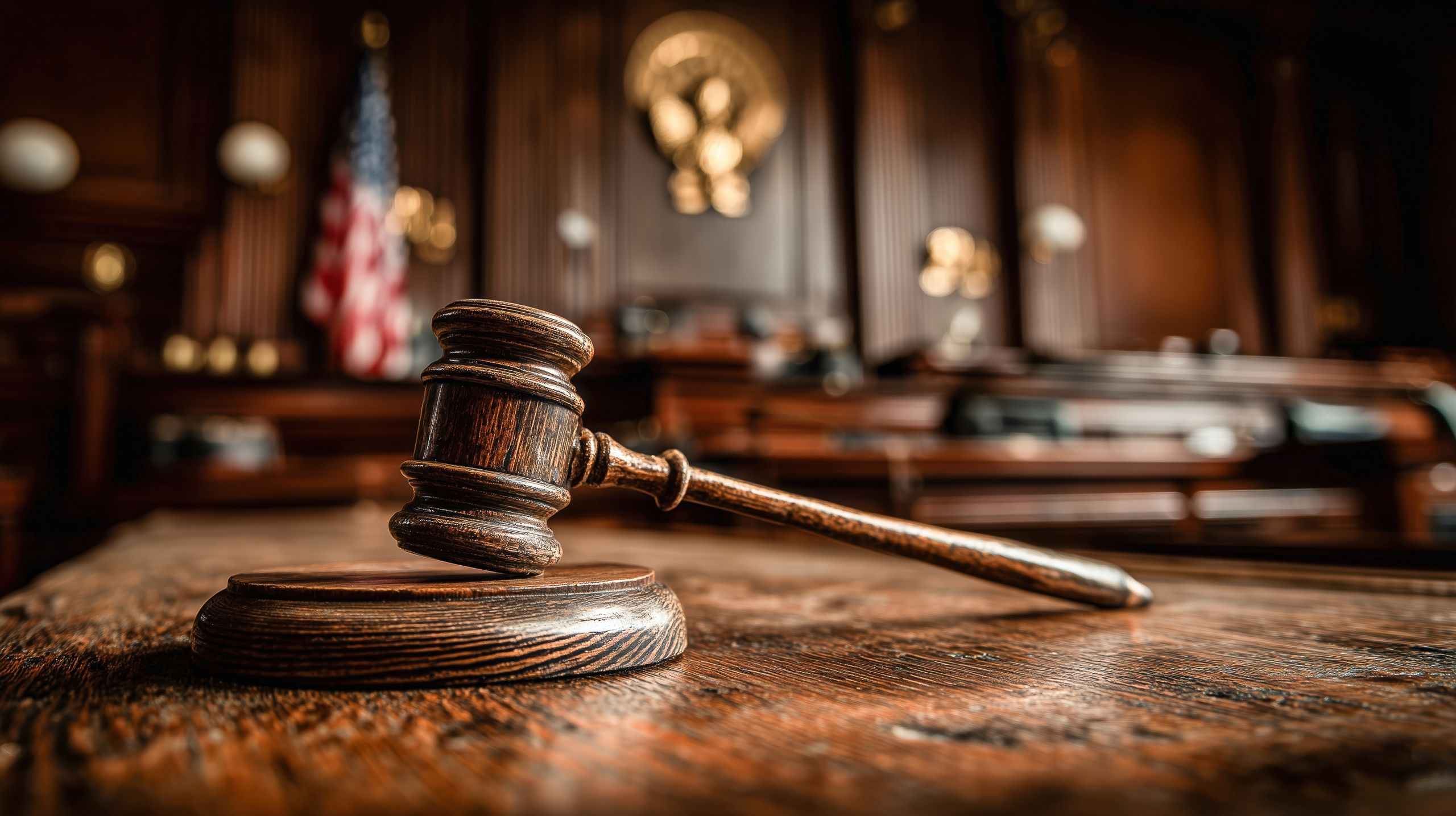 A wooden judge's gavel rests on a desk in a courtroom with the American flag and emblem in the background.A wooden judge's gavel rests on a desk in a courtroom with the American flag and emblem in the background..weerasaklgavel, courtroom, judge, law, justice, symbolic, lawyer, legal, attorney, rights, authority, order, federal, decision, government, court, procedure, usa, emblem, flag, criminal, trial, hearing, civil, legislation, dispute, appeal, judgement, verdict, evidence, constitution, jury, litigation, lawsuit, judiciary, tribunal, witness, prosecution, defense, case, bench, gavel, courtroom, judge, law, justice, symbolic, lawyer, legal, attorney, rights, authority, order, federal, decision, government, court, procedure, usa, emblem, flag, criminal, trial, hearing, civil, legislation, dispute, appeal, judgement, verdict, evidence, constitution, jury, litigation, lawsuit, judiciary, tribunal, witness, prosecution, defense, case, bench