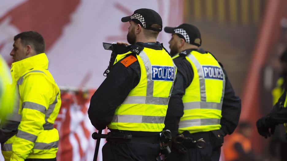 ABERDEEN, SCOTLAND - APRIL 23: 
Police presence during a cinch Premiership match between Aberdeen and Rangers at Pittodrie, on April 22, 2023, in Aberdeen, Scotland. (Photo by Alan Harvey/SNS Group via Getty Images)