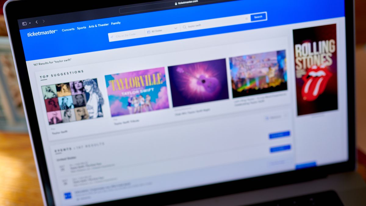 The Ticketmaster website arranged on a laptop in New York, US, on Wednesday, April 17, 2024. The Justice Department may file an antitrust complaint as soon as next month aimed at forcing Live Nation Entertainment Inc. to spin off its Ticketmaster ticketing business, according to three people familiar with the matter. Photographer: Gabby Jones/Bloomberg via Getty Images