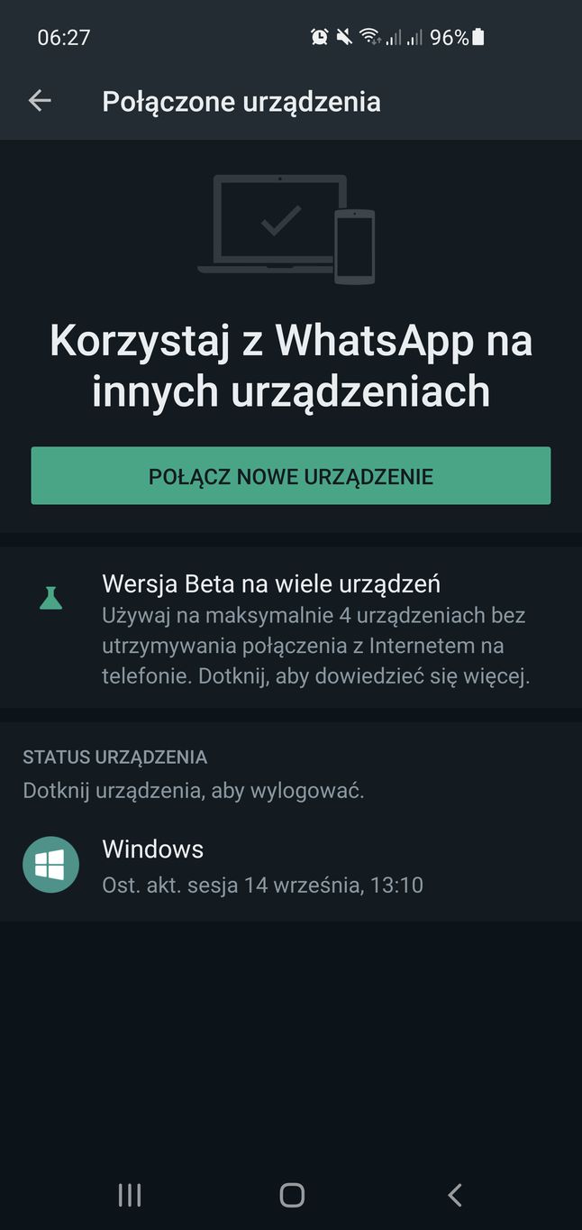 W przypadku Androida pełna obsługa wielu urządzeń nadal jest dostępna tylko w WhatsAppie beta