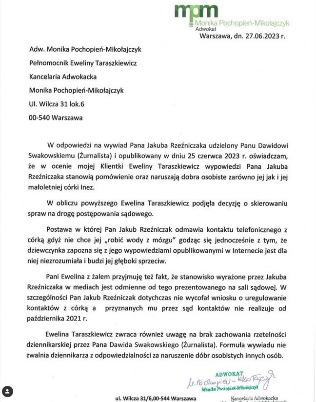 Ewelina Taraszkiewicz opublikowała oświadczenie