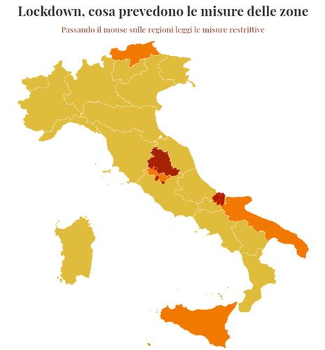 Koronawirusowa mapa Włoch obowiązująca od 8 lutego. Jedną z nielicznych czerwonych stref jest prowincja Perugia (fot. Larepubblica.it)