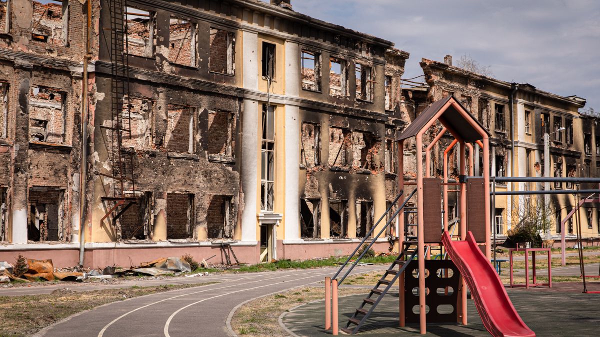 SOKOLNYKY, KHARKIV, UKRAINE - 2022/04/22: An exterior view of a destroyed school in northeast Kharkiv. A school that used to be occupied by Russian soldiers is now in Ukraine's hands, as Ukrainian troops have recaptured the area. (Photo by Alex Chan Tsz Yuk/SOPA Images/LightRocket via Getty Images)